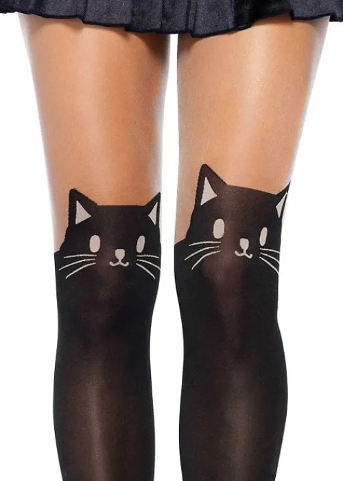 Fashion Leg Avenue Black Cat Opaque Thigh High Tights Nude Black