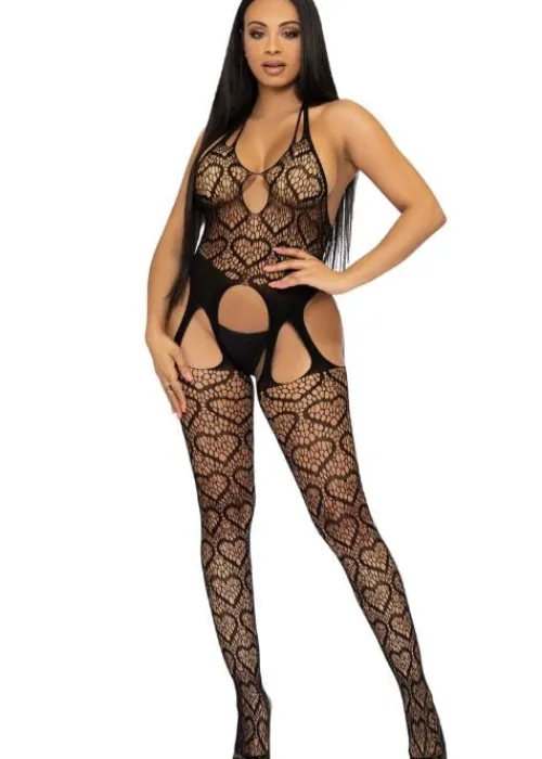 Hot Leg Avenue Heart Net Suspender Bodystocking Black