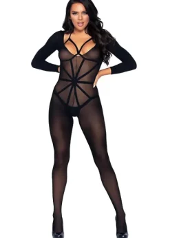 Cheap Leg Avenue Opaque Long Sleeve Bodystocking With Harness Overlay Black