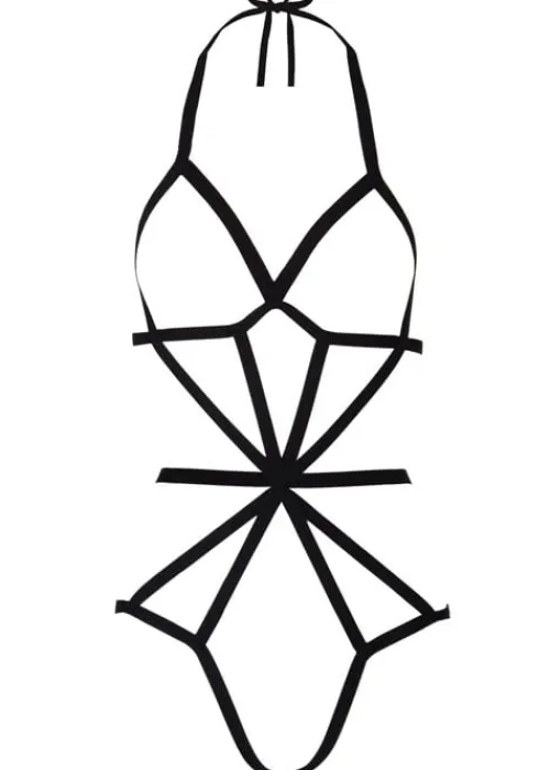 Cheap Leg Avenue Opaque Long Sleeve Bodystocking With Harness Overlay Black