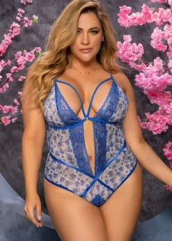 Hot Mary Portas Mapale Blossom Crotchless Teddy Plus Size Blossom Blue