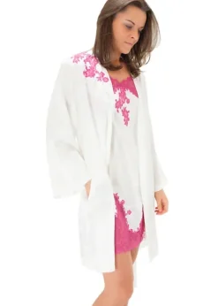 Fashion Marjolaine Silk And French Lace Short Robe Ivory Ivory Fuchsia