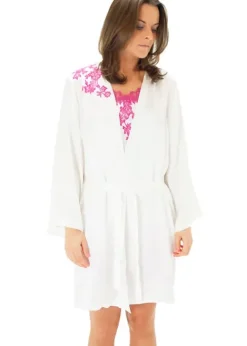 Fashion Marjolaine Silk And French Lace Short Robe Ivory Ivory Fuchsia