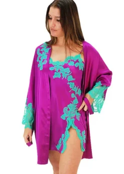Outlet Marjolaine Tentation Silk And French Lace Short Robe Orchid Orchid Mint