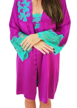 Outlet Marjolaine Tentation Silk And French Lace Short Robe Orchid Orchid Mint