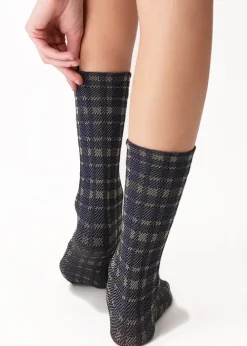 Best Oroblu Texture Tartan Ankle High Blue Tartan