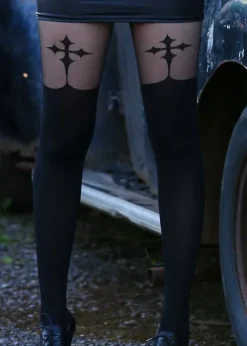 Store Pamela Mann Goth Cross Mock Suspender Tights Black
