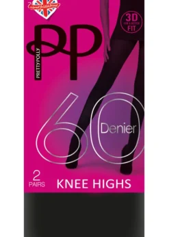 New Pretty Polly 60 Denier New 3D Opaque Knee Highs 2 Pair Pack Black