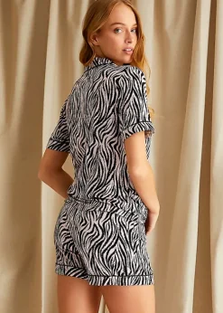 Cheap Pretty You London Animal Print Bamboo Shirt And Short Pyjama Set Zebra Animal Print