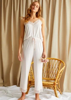 Sale Pretty You London Bamboo Lace Cami And Cropped Trouser Pyjama Set Powder Puff