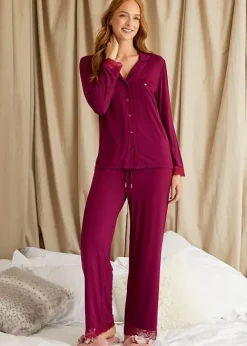 Shop Pretty You London Bamboo Lace Pyjama Set Bordeaux