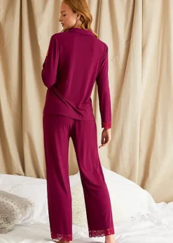 Shop Pretty You London Bamboo Lace Pyjama Set Bordeaux