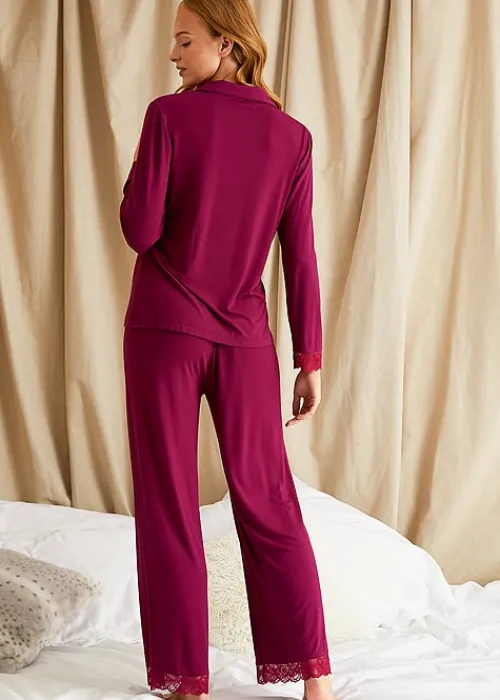 Shop Pretty You London Bamboo Lace Pyjama Set Bordeaux