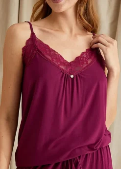 Discount Pretty You London Bamboo Lace Cami And Cropped Trouser Pyjama Set Bordeaux