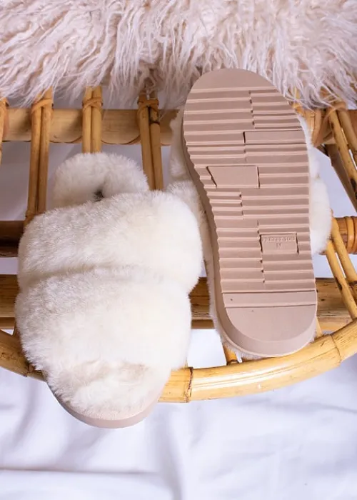 New Pretty You London Jinx Real Sheepskin Slippers Natural
