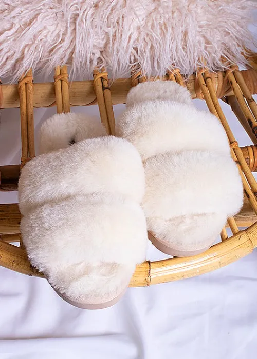 New Pretty You London Jinx Real Sheepskin Slippers Natural